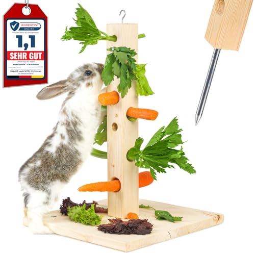 Nagergaleria® Futterbaum Kaninchen Meerschweinchen mit Bodenplatte aus Holz und Erdspieß...